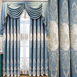 Curtain European Style Thick Chenille Blue High Precision Embroidered Modern Luxury Curtains For Living Dining Room Bedroom