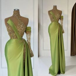 Arabic Mermaid Split Prom Dresses Mint Green Beaded Sequined High Neck Evening Formal Party Second Reception Gowns