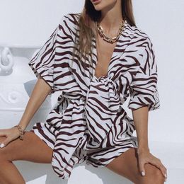 Women's Tracksuits Women's 2022 Fashion Short Sleeve Lace-up Robe Two-Piece Set High Waist Shorts Black And White Striped Suit