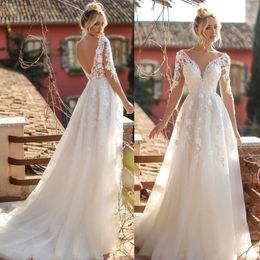 Deep V Neck Bridal Dresses Long Sleeves Lace Appliques Wedding Gowns For Women Backless Vestidos De Noiva Mariage Customised