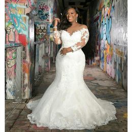 African Mermaid Wedding Dresses Long Sleeve Sheer Scoop Neck Appliques Lace Up Back Bridal Gowns Plus Size