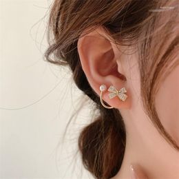 Stud Earrings Korea Fashion Jewellery Copper Set Zircon 14K Gold Plated Bow Knot Hook Pearl Elegant Women's Daily Work Accessories