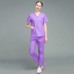 Scrubs Medical Uniform Short Sleeved V-Neck Pocket Care Workers Surgical Suits Tops and pants for Summer Lab Dustproof Uniforms