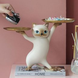 Decorative Objects Figurines NORTHEUINS Resin Cat Tray for Interior Entrance Key Desktop Candy Storage Container Home Office Table Decor Accessorie 221208