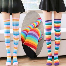 Women Socks Colourful Striped Stockings Halloween Holiday Party Over The Knee Japanese Korean College Style Student Rainbow