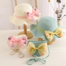 Hats Summer Girl Child Straw Hat Handbag 2 Pieces Set 2022 Cute Bow Visor Panama Gorros Kid Baby Anti-UV Sun