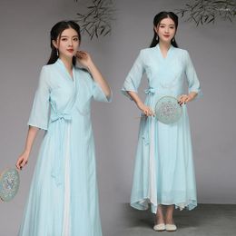 Ethnic Clothing Summer Woman Cotton Linen 2 Piece Sets Blue Grey Pink Half Sleeve Gown With A Strap Long Dress Oriental Elegant Costume