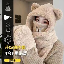 Winter Hat Fur New In Earflap Scarf Suit Bear Ear Bomber Hat for Women Coffee Khaki