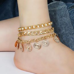 Anklets 3Pcs/Set Fashion Summer Multilayer Thick Link Chain Anklet Women Gold Color Vintage Coin Tassel For Jewelry LY-06
