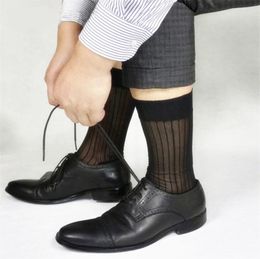 Men's Socks Ultra Thin Black Stripe Men Formal Dress Suits Hose Stockings Softy Sexy Long Knee High Male Silk