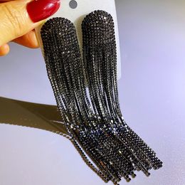 Long Tassel Full Rhinestone Drop Earrings for Women Long Black Crystal Dangle Earrings Fashion Jewellery Accessories