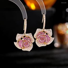 Dangle Earrings High Quality Fashion Zircon Crystal Camellias Drop Women Ear Trinket Office Lady Flower Earings Wedding Party Jewellery