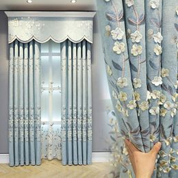 Curtain Embossed Embroidered Curtains For Living Room Bedroom Fresh Blackout Grey Blue Chenille Fabric Custom