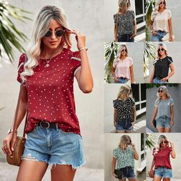 Women's T Shirts 2022 Lace Shirt Women's Casual Short Sleeve T-shirt Summer O-neck Loose Dot Printed Women Clothes Elegant Blusas 19001