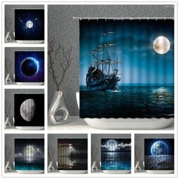 Shower Curtains Moon Star Curtain Navy Blue Space Planet Water Earth Boat Bathroom Screen Bathtub Decoration