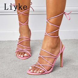 Sandals Liyke 2022 Summer Blue Pink Women Thong Sandals Fashion Ankle Strappy High Heels Square Toe Lace-Up Party Dress Shoes Size 35-42 T221209