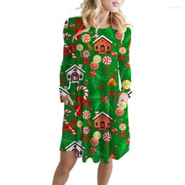 Casual Dresses Christmas Dress European And American Print Long Sleeve Loose Pleated Pocket Swing Skirt