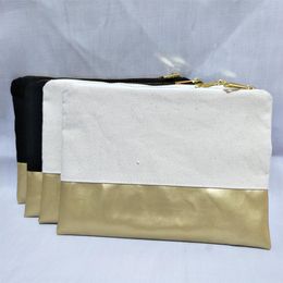 natural cotton black canvas cosmetic bag with waterproof gold leather bottom matching Colour lining and gold zip 7x10in makeup bag309u