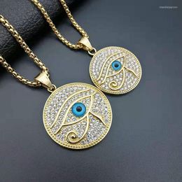 Pendant Necklaces Hip Hop Rhinestones Paved Bling Iced Out Round Stainless Steel Horus Eyes Pendants For Men Rapper Jewellery