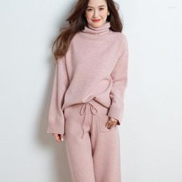 Women's Two Piece Pants 2022 Autumn And Winter Pure Cashmere Suit Female Turtleneck Sweater Two-piece Fashion Loose Knitted Wool Wide Leg