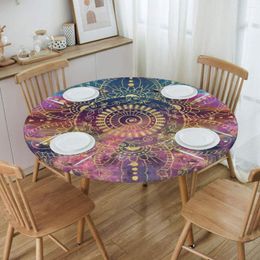 Table Cloth Gold Watercolor And Nebula Mandala Tablecloth Round Elastic Fitted Waterproof Buddhism Flower Cover For Banquet