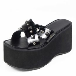 46 Plus Shoes Size Women Chunky Platform Halloween Gift Cosplay Comfortable Wedges Heels Black Gothic Sandals Slipper Su 2243