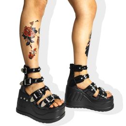 Platform High GIGIFOX Wedges Zip women s Sandals Gothic Style Open Toe Casual Leisure Black Brand Designer Met ad Sandal Caual Leiure Deigner