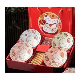 Bowls Chinese Personality Creative Lucky Cat Blue And White Porcelain Bowl Set Opening Activities Tableware Gift Boxlx122801 Drop De Dhkcb