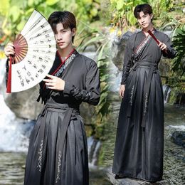 Ethnic Clothing Men Ancient Chinese Hanfu Cross-collar Embroidery Folk Dance Performance Cosplay Costume Oriental Black Swordsman Outfit