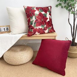 Pillow Begonia Flower Pillowcase Velvet Cover Beige/ Deep Red Ruby Lumbar Backrest