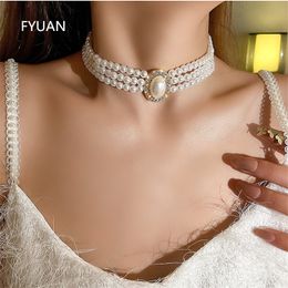 Vintage Palace Multilayer Pearl Choker Necklaces for Women Short Geometric Crystal Necklaces Weddings Bride Jewellery