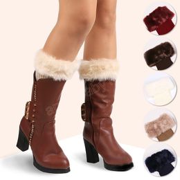 Women Girls Winter Warm Crochet Knit Boot Cuffs Topper Thicken Furry Plush Solid Colour Stretchy Short Leg Warmers Socks