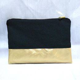 black canvas cosmetic bag with waterproof gold leather bottom matching Colour lining and gold zip 7x10in makeup bag ship by DH280V