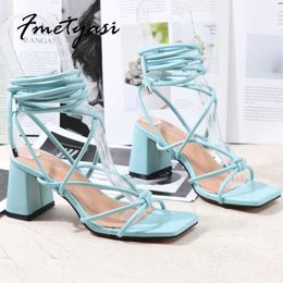 Sandals 2022 Summer Women Sandals Heels Lace Up Square Toe Block Heels Sexy Blue Black Gladiator Ankle Strap Heels For Women T221209