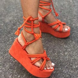 Sandals 2022 Summer New Women's Ankle Strap Beach Platform Wedge Feminine Hemp Rope Lace Up Fashion Open Toe T221209