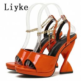 Chic Strange Liyke Fashion Chunky High Heels Platform Sandals Women Black Green Patent Leather Peep Toe Chain Ankle Strap Shoes T221209 82291