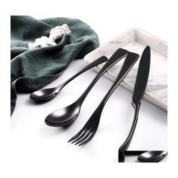 Dinnerware Sets 4Pcs/16Pcs/24Pcs Highend Black Stainless Steel Cutlery Set Mirror Tableware Steak Knife Fork Dessert Spoon Kits Drop Dhvej