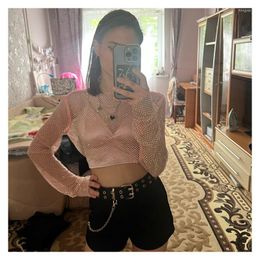 Women's T Shirts Nightclub Women Rhinestone Shiny Colourful Net Drill Is Prevented Bask Shawls Crystal Long Sleeve Sexy Party Club Short Crop