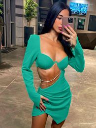 Casual Dresses Crystal Hollow Chain Pleated Sexy Dress Women 2022 Push Up Bodycon Mini Autumn Elegant Club Party Vestidos