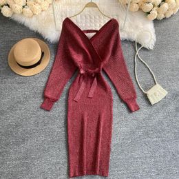 Casual Dresses Women's Dress Temperament V-neck Sweater Autumn And Winter Bright Silk Skirt Dolman Sleeve Hip Knitted