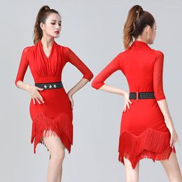 Stage Wear 2022 Est Red One-Piece Latin Dance Competition Dresses Women Salsa Samba Sling Dress Sleeves Girls Fringes Costume