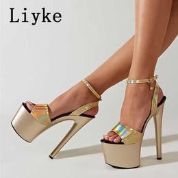 Fashion Runway Liyke Extreme Stiletto High Heels Sexy Sier Women Platform Sandals Open Toe Buckle Strap Club S c