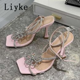 Sandals Liyke Silver Bling Crystal Flowers Sexy Sandals For Women Transparent Opne Toe Rhinestone Strap High Heels Wedding Dress Shoes T221209