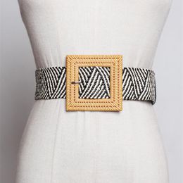 Belts Resin Square Pin Buckle For Women Casual Female Braided Wide Waist Strap Knitted Woven Girls Elastic Straw Belt Jean Dress