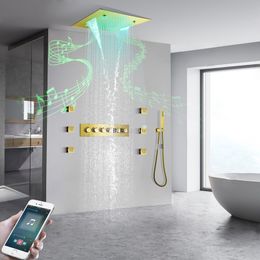 Ceiling Mounted SUS304 500X500 LED Music Shower Head Rainfall Waterfall Mist Thermostatic Brass Body Bathroom Shower Faucet Set