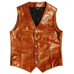 Men's Vests Men's Real Leather Vest Genuine Cowhide Sleeveless Jackets Vintage Safari Waistcoat