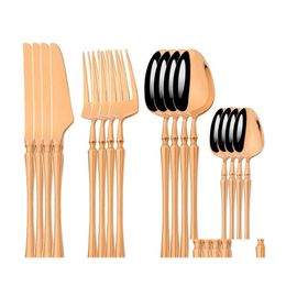 Flatware Sets 16Pcs Rose Cutlery Set Stainless Steel Dinnerware Knife Fork Tea Spoon Tableware Mirror Kitchen Luxury Drop Delivery H Dhrdo