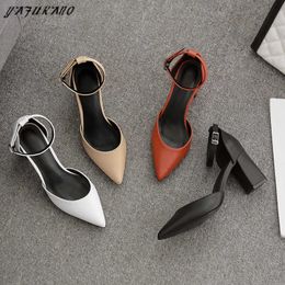 Party High Elegant Simple Heels Square Heel Pointed Toe Women Single Shoe Casual All-Match Pumps White Mid Hollow Female 7a8c