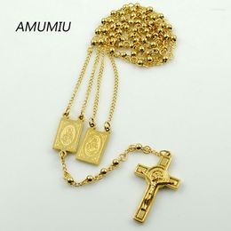 Pendant Necklaces AMUMIU Gold Color Rosary Beads Jesus Piece Cross Religious Stainless Steel Necklace Womens Mens Chain For Men HZN079