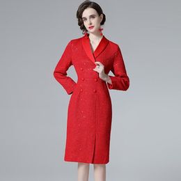 Casual Dresses Vestidos Mujer Korean Chic Temperament Red Sequined Tweed Lapel Double Breasted Dress Women Elegant Office OL Pencil Robe